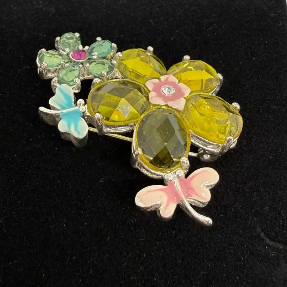 VINTAGE Butterfly Floral Brooch Pink Blue Enamel Green Yellow Crystal Flower Pin